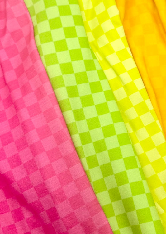 Neon Checkered in Hot Pink, Neon Green, Neon Orange & Highlighter Yellow Bullet, DBP, Rib Knit, Velvet, Cotton Like Knits + other fabrics